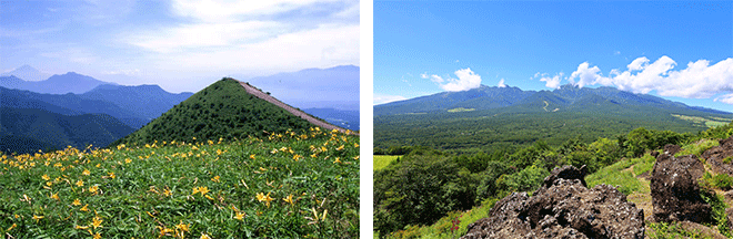 左：ニッコウキスゲ咲く飯盛山（イメージ）／右：飯盛山から八ヶ岳の絶景（イメージ）