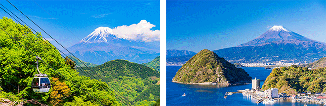 左：伊豆パノラマパークロープウェイと富士山（イメージ）／右：発端丈山から眺める景色（イメージ）