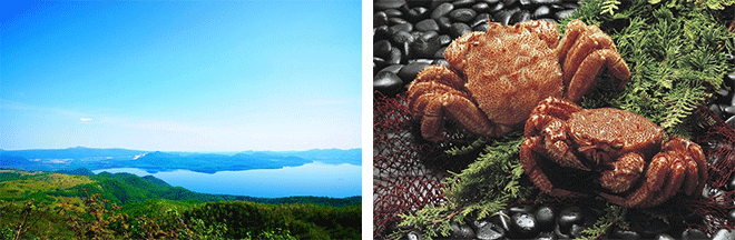 左：屈斜路湖を一望する藻琴山に登頂（イメージ）／右：3日間で北海道産グルメを堪能！／毛ガニ（イメージ）