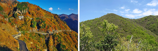 左：白山白川郷ホワイトロード（イメージ）／右：深田久弥が初めて登った「富士写ケ岳」（イメージ）
