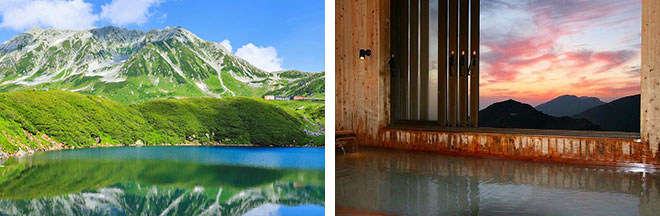 左：室堂から望む立山・雄山（イメージ）／右：雷鳥荘展望風呂（イメージ）