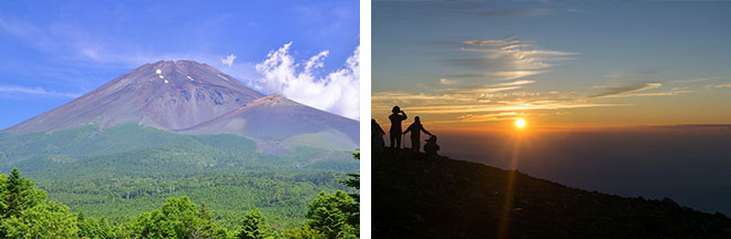 左：富士山と宝永山（イメージ）／右：富士宮口からの御来光（イメージ）
