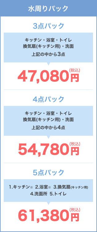 水周り3点パック、4点パック、5点パック