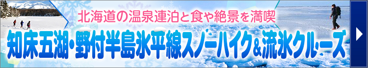 知床五湖・野付半島氷平線スノーハイク＆流氷クルーズツアーはこちら！