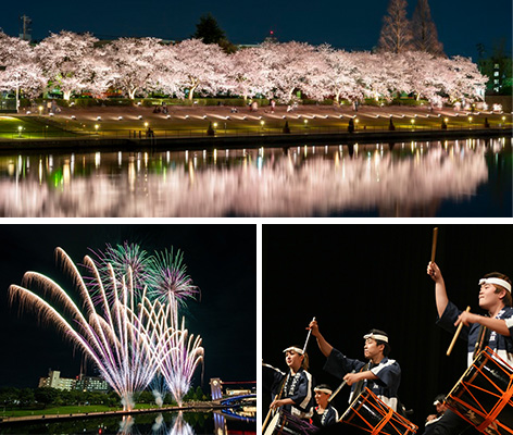 上：富岩環水公園の夜桜ライトアップ／左下：音楽花火（イメージ）／右下：越中いさみ太鼓（イメージ） ※画像は全てイメージ