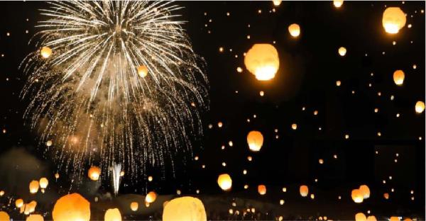 ランタン打上と夜空を彩る花火（イメージ）