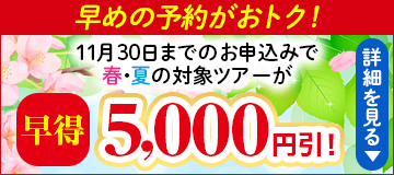 早めの予約がおトク！11月30日までのお申込みで対象ツアーが5,000円引き！詳しくはこちら