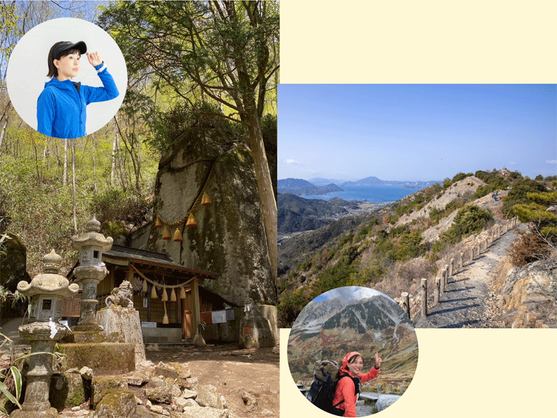 左：松下沙織ガイドと行く石割山とパワースポット・石割神社（イメージ） 右：栗島美加ガイドと行く瀬戸内登山・鷲ヶ頭山（イメージ）