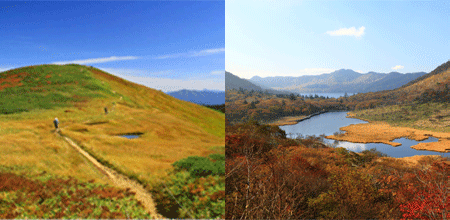 左：巻機山の草紅葉(例年の紅葉の見ごろは9月下旬～10月下旬) 右：赤城山・覚満淵(例年の紅葉の見ごろは10月中旬～11月下旬) ※画像はすべてイメージ