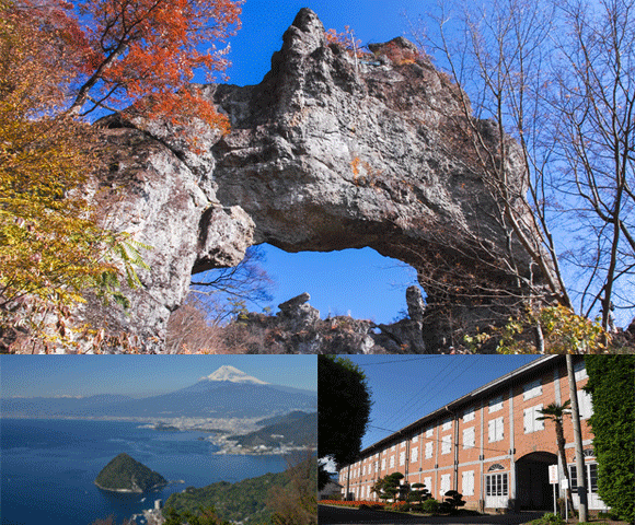 上：妙義山　第四石門 左下：発端丈山から見た富士山 右下：富岡製糸場東置繭所(画像提供　富岡市) ※画像はすべてイメージ