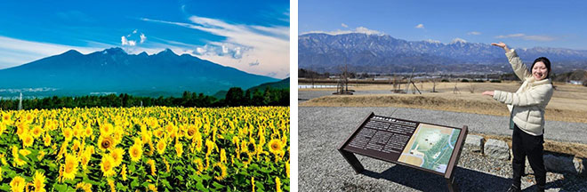 左：明野のひまわり畑（イメージ）／右：八ヶ岳の絶景をのぞむルートを企画しました！（イメージ）