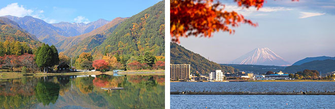 左：紅葉の駒ヶ根高原・駒ヶ池（イメージ） 右：運がよければ見えるかも。諏訪湖から見る富士山（イメージ） ※紅葉の見ごろは例年10月下旬～11月中旬