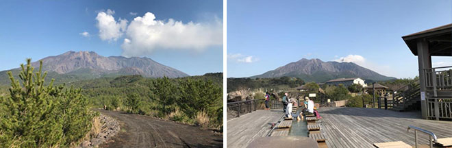 左：一般開放されていないルートから見る桜島（イメージ）／右：ゴール地点の溶岩なぎさ公園の足湯（イメージ）