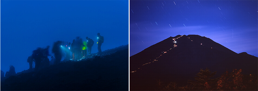 左：まだ暗い夜中から出発！ヘッドランプを忘れずに／右：登山者のヘッドランプの光の帯