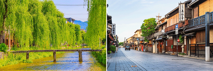 左：白川の一本橋／右：祇園 花見小路（イメージ）