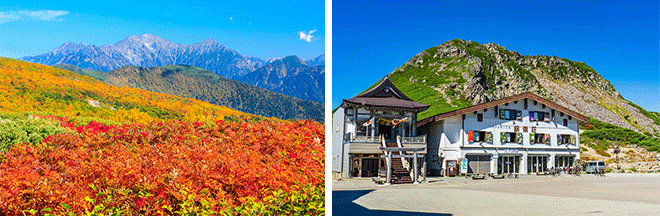 左：乗鞍高原から望む穂高連峰（イメージ）※紅葉の見頃は例年10月上旬～10月下旬／右：銀嶺荘（イメージ）