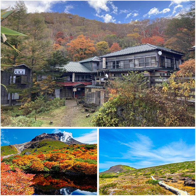 上：秘湯・三斗小屋温泉の煙草屋旅館を特別貸切！（イメージ）／左下：【2日目Aプラン】姥ヶ平の池から見る那須連峰・茶臼岳（イメージ）／右下：【2日目Bプラン】那須連峰最高峰の三本槍岳（イメージ）