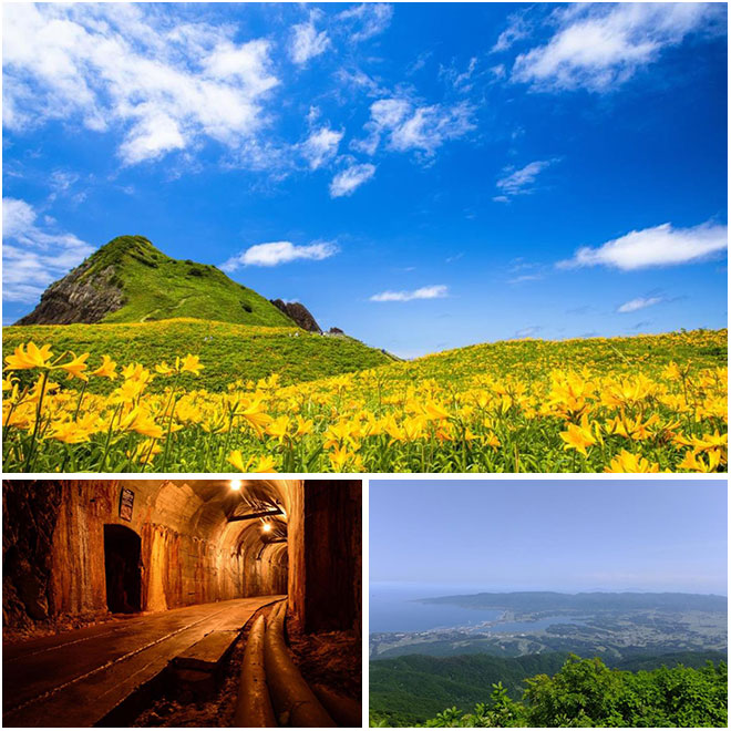 上：トビシマカンゾウが咲く大野亀（イメージ）※花の見頃：例年5月下旬～6月上旬／左下：世界遺産登録の佐渡金山を案内人同行でご案内（イメージ）／右下：金北山からの眺望 Ａプラン[登山中級A]（イメージ）