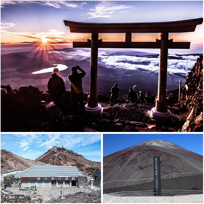 上：富士山山頂からの御来光（イメージ）※御来光は見られない場合があります／左下：日本一標高の高い場所にある宿泊施設 頂上富士館をクラブツーリズム特別貸切（イメージ）／右下：最終日は宝永山登頂を目指します♪（イメージ）